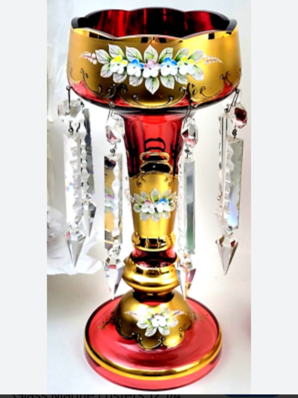 Hand-Painted Red and Gold Glass Compote with Crystal Prisms